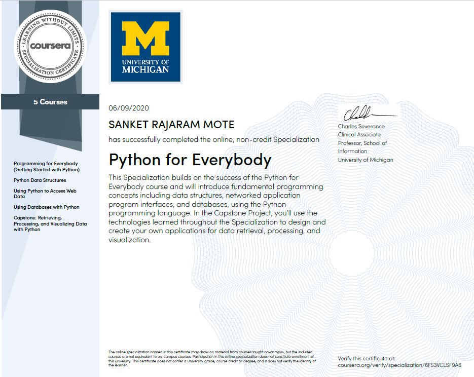 ‘Python for Everybody’ By University of Michigan certificate